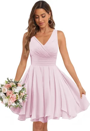Short Bridesmaid Dresses for Women Chiffon Double V Neck Wedding Guest Dresses Pleated A-Line Formal Party Gown 2024