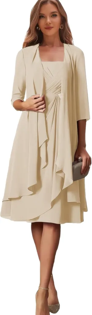 Short Mother of The Bride Dresses with Chiffon Jacket 3/4 Sleeves Champagne Evening Gowns for Women Size 12