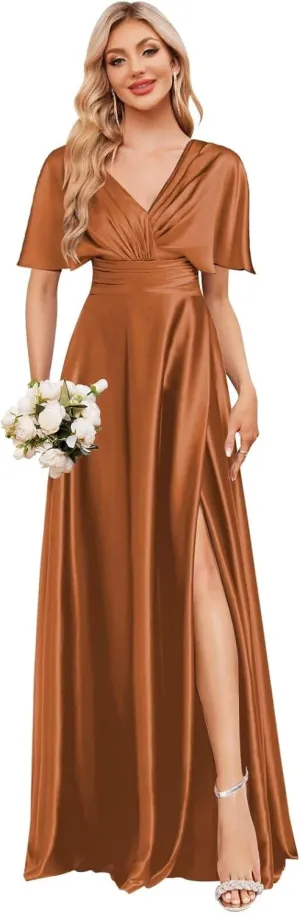 Short Sleeve Bridesmaid Dresses for Women Long Pleated Satin Formal Dress Evening Gown with Slit