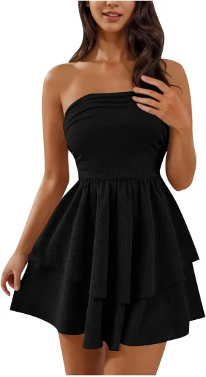 Sinzelimin Womens Sexy Bandeau Mini Dresses Fashion Solid Layered Ruffles Pleated A-Line Short Dress Summer Beach Sundress