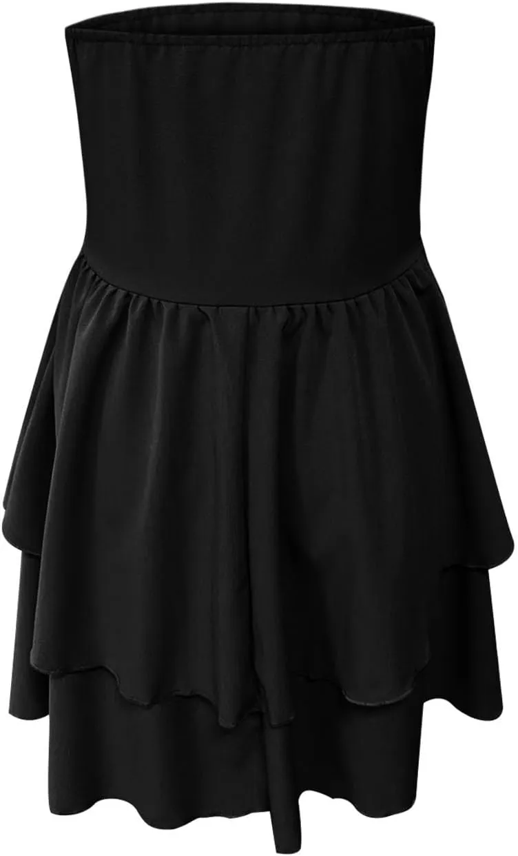 Sinzelimin Womens Sexy Bandeau Mini Dresses Fashion Solid Layered Ruffles Pleated A-Line Short Dress Summer Beach Sundress