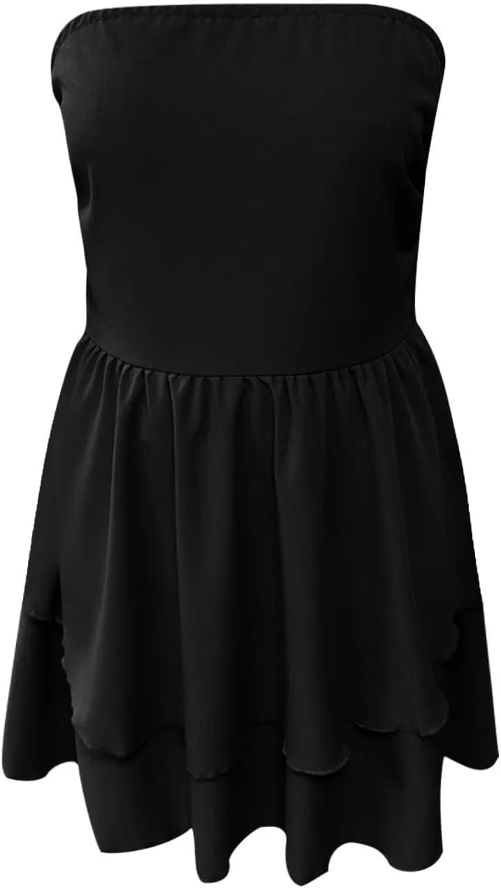 Sinzelimin Womens Sexy Bandeau Mini Dresses Fashion Solid Layered Ruffles Pleated A-Line Short Dress Summer Beach Sundress