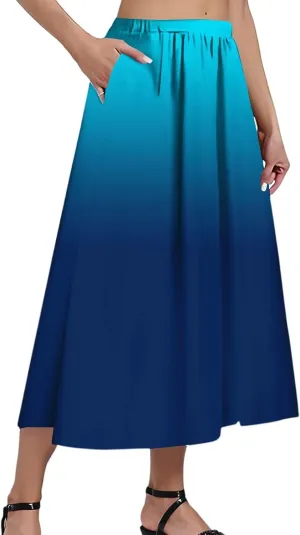 Skirs for Women Gradient Stripe Printed Skirt Elasticated Loose Pocket Pleated Half-Body Skirts Casual Skirt