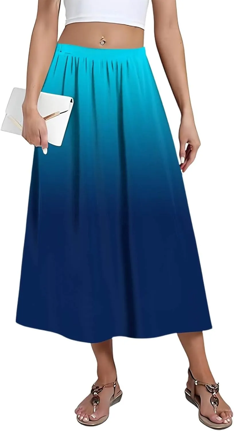 Skirs for Women Gradient Stripe Printed Skirt Elasticated Loose Pocket Pleated Half-Body Skirts Casual Skirt
