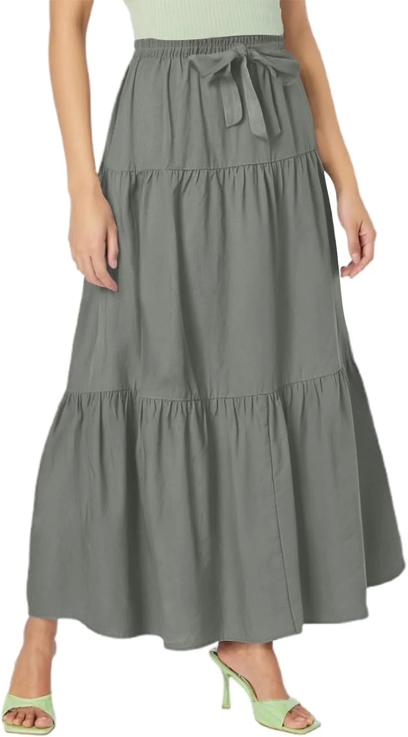 Skirts for Women Midi Length Elastic Tie Waist Swing Tiered A-Line Flowy Pleated Boho Beach Vacation Long Skirt Dress