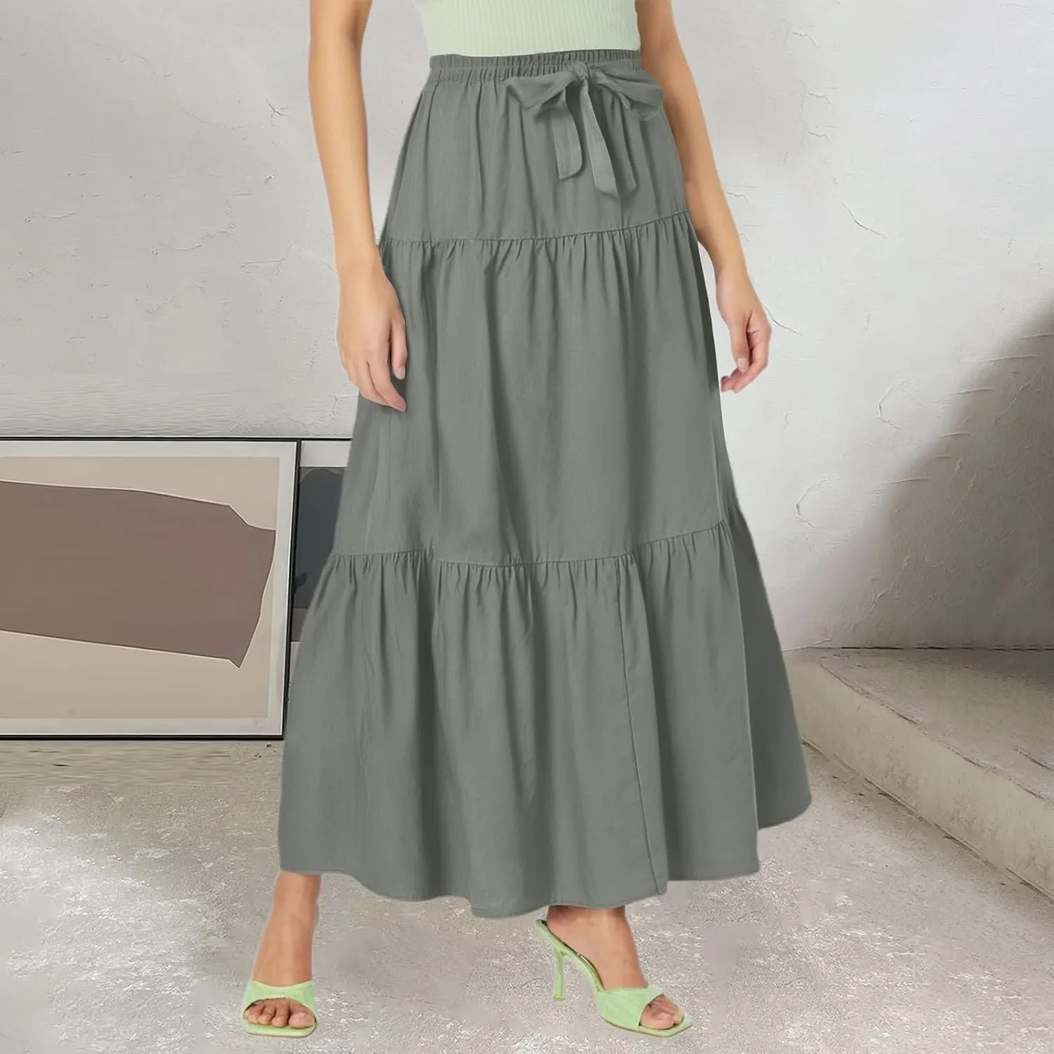 Skirts for Women Midi Length Elastic Tie Waist Swing Tiered A-Line Flowy Pleated Boho Beach Vacation Long Skirt Dress