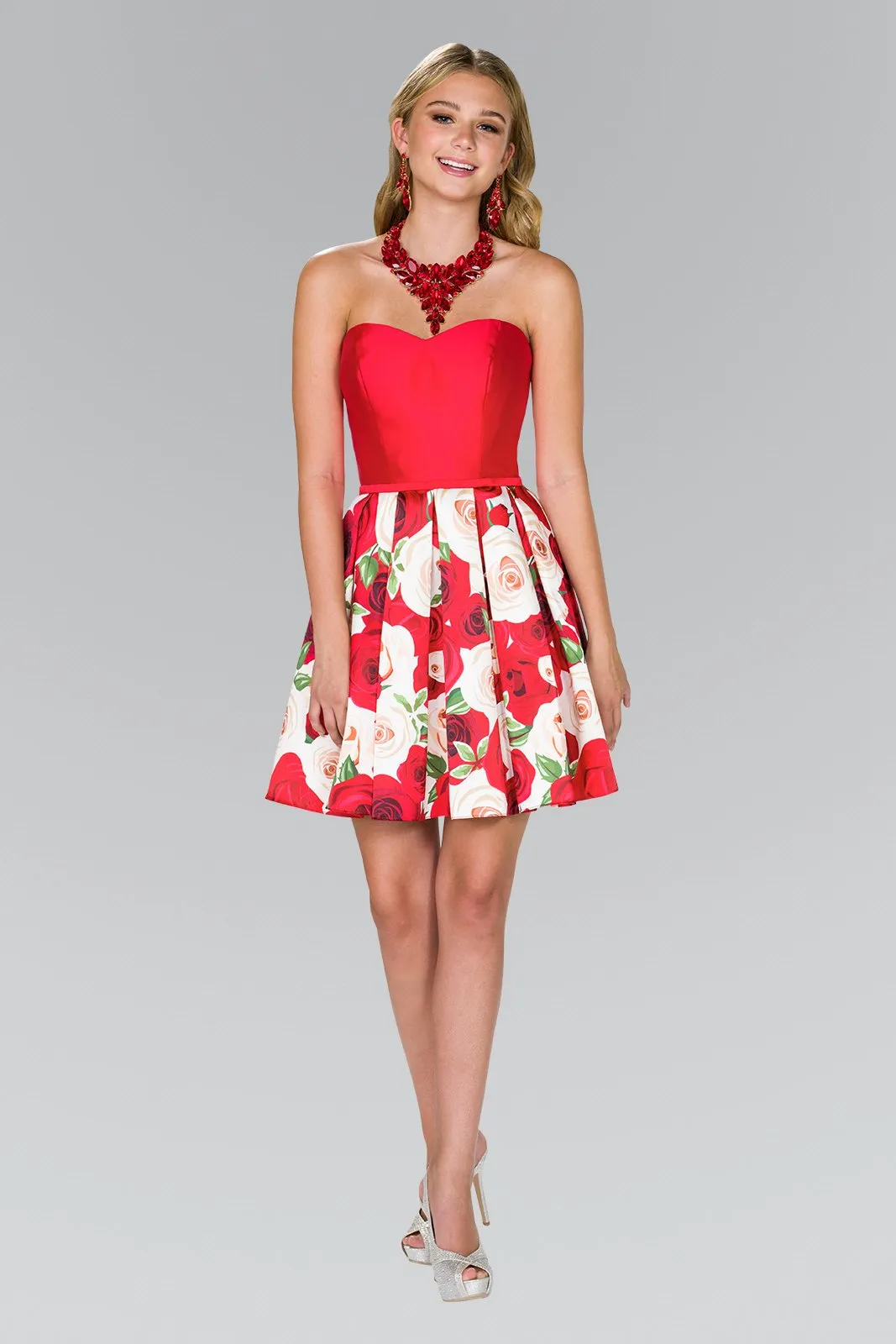 Strapleess sweetheart neckline red floral homecoming dress GLS #gs2385