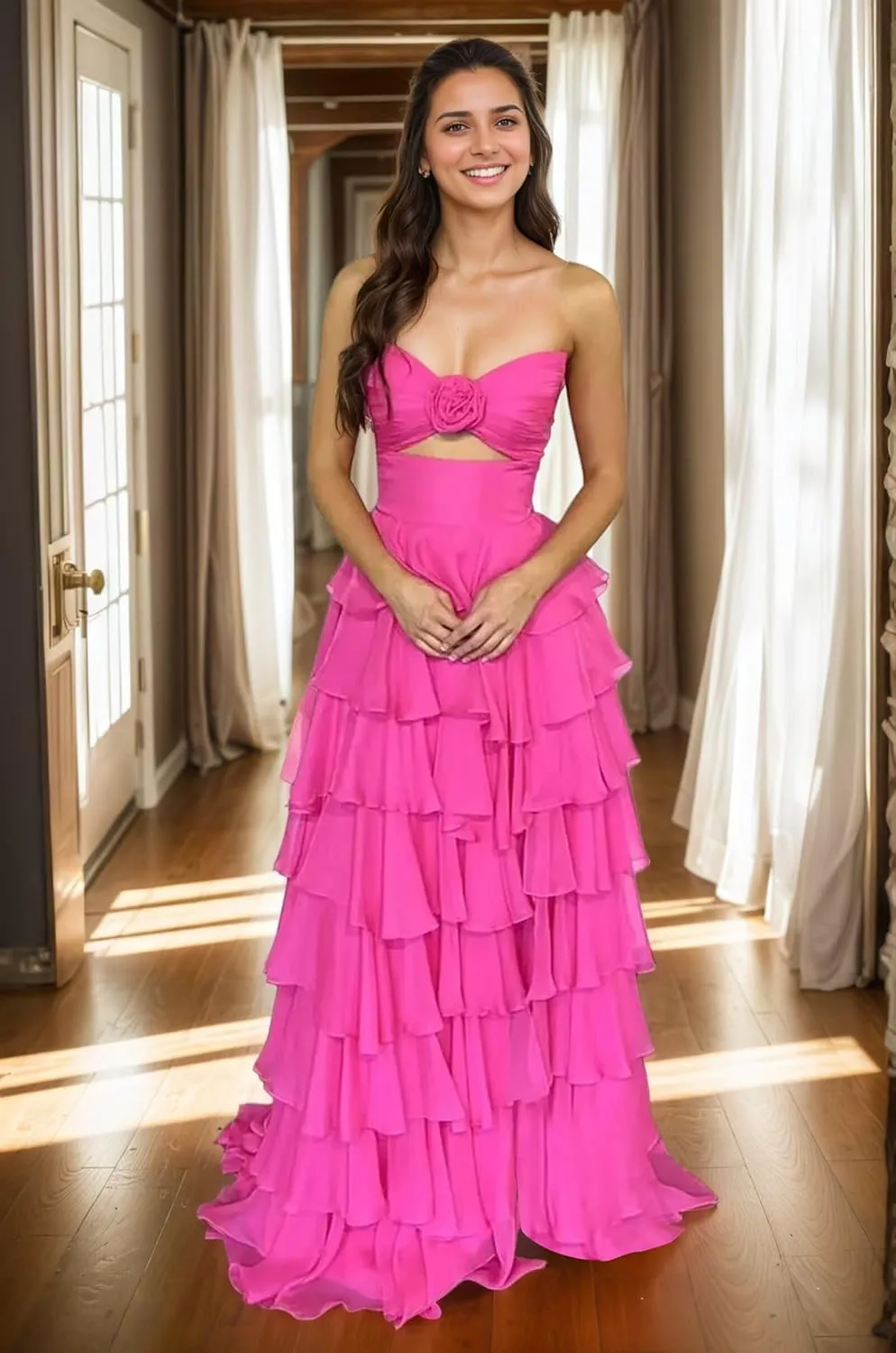 Strapless Tiered Prom Dresses for Women 3D Flower Chiffon Ruffles Long Corset Formal Evening Gown with Slit