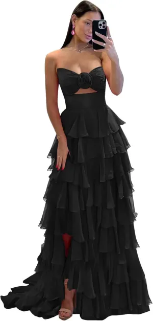 Strapless Tiered Prom Dresses for Women 3D Flower Chiffon Ruffles Long Corset Formal Evening Gown with Slit