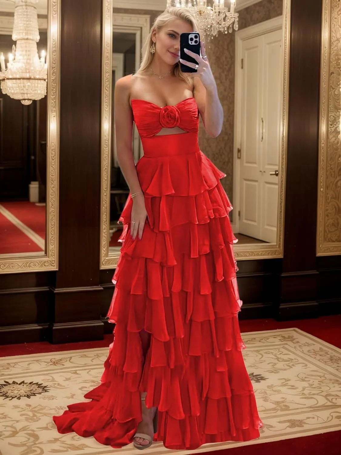 Strapless Tiered Prom Dresses for Women 3D Flower Chiffon Ruffles Long Corset Formal Evening Gown with Slit