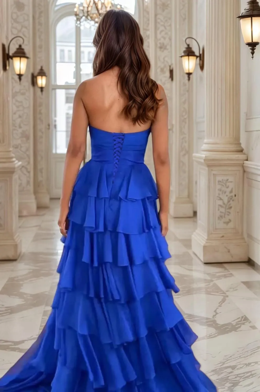 Strapless Tiered Prom Dresses for Women 3D Flower Chiffon Ruffles Long Corset Formal Evening Gown with Slit