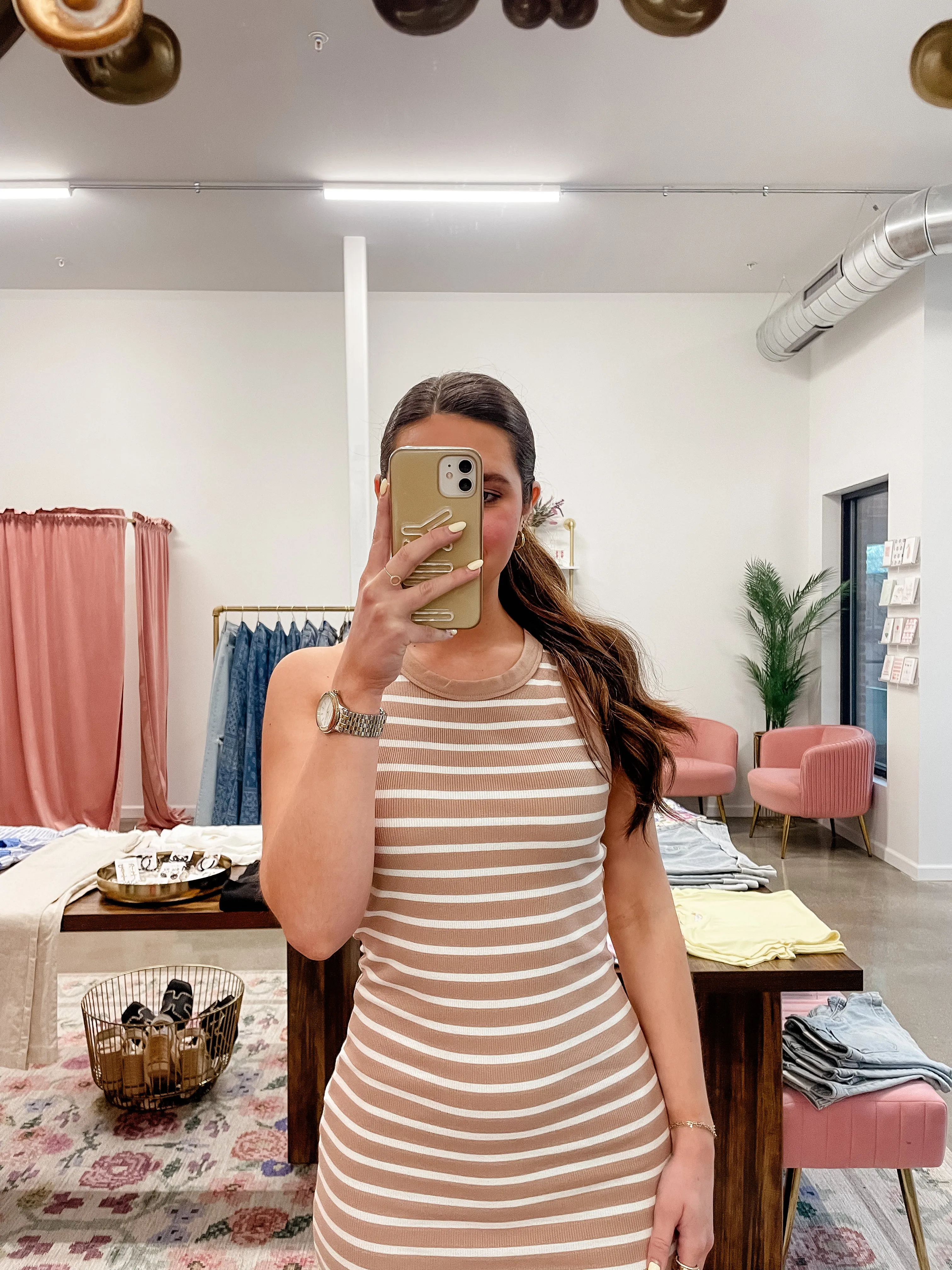 Striped Midi Dress - Taupe/White