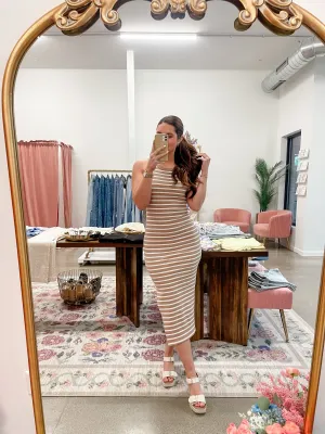 Striped Midi Dress - Taupe/White