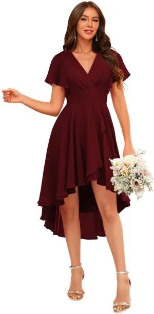 Stylefun Women's V Neck Flutter Sleeves Bridesmaid Dresses A Line High Low Formal Party Dress CYM240
