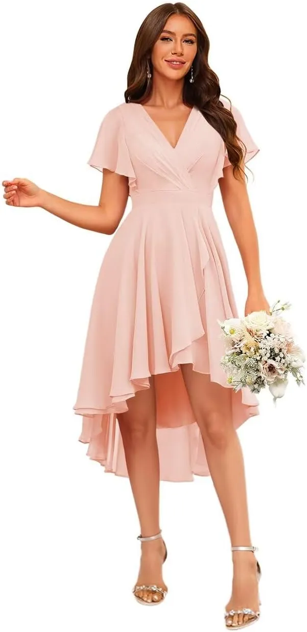 Stylefun Women's V Neck Flutter Sleeves Bridesmaid Dresses A Line High Low Formal Party Dress CYM240