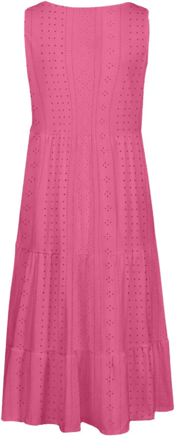 Summer Casual Tank Dress Sleeveless Hollow Out T Shirt Dresses Flowy Ruffle Tiered Swing Mini Beach Vacation Sundress