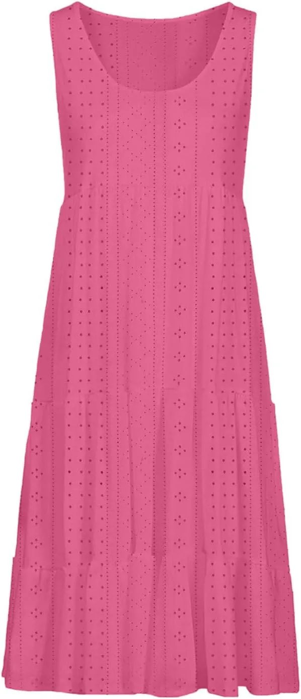 Summer Casual Tank Dress Sleeveless Hollow Out T Shirt Dresses Flowy Ruffle Tiered Swing Mini Beach Vacation Sundress