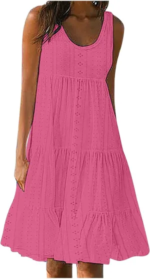 Summer Casual Tank Dress Sleeveless Hollow Out T Shirt Dresses Flowy Ruffle Tiered Swing Mini Beach Vacation Sundress