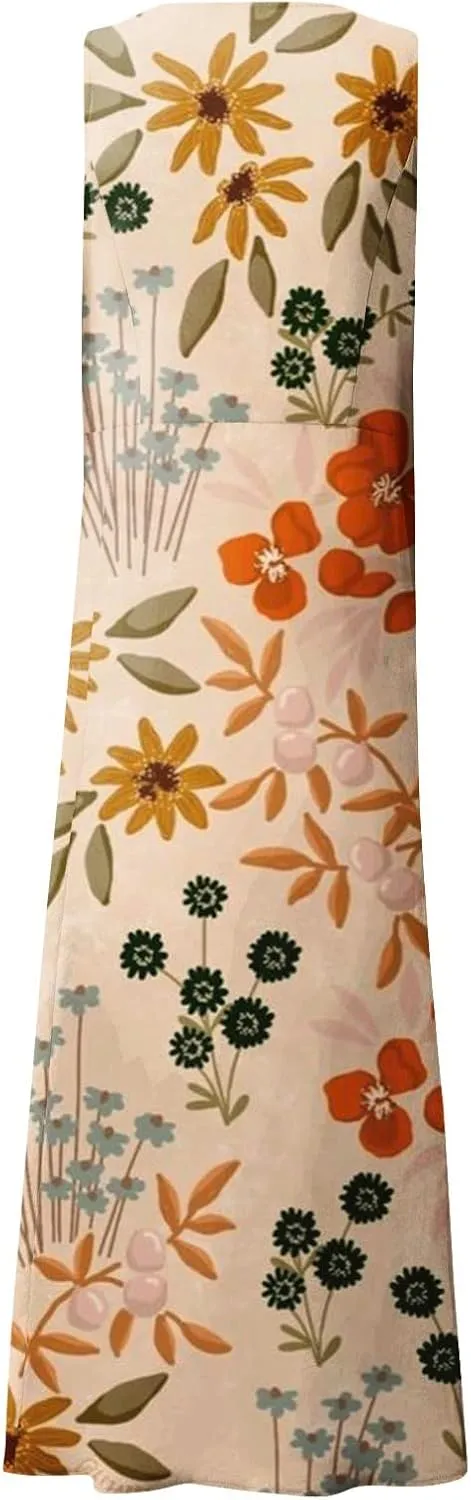 Summer Dresses for Women 2025 Casual Print Boho Sundress Crew Neck Sleeveless Pockets Beach Vacation Maxi Dresses