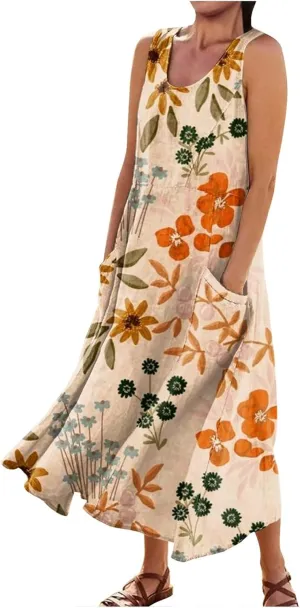 Summer Dresses for Women 2025 Casual Print Boho Sundress Crew Neck Sleeveless Pockets Beach Vacation Maxi Dresses