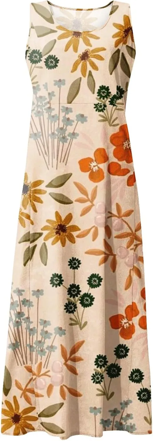 Summer Dresses for Women 2025 Casual Print Boho Sundress Crew Neck Sleeveless Pockets Beach Vacation Maxi Dresses