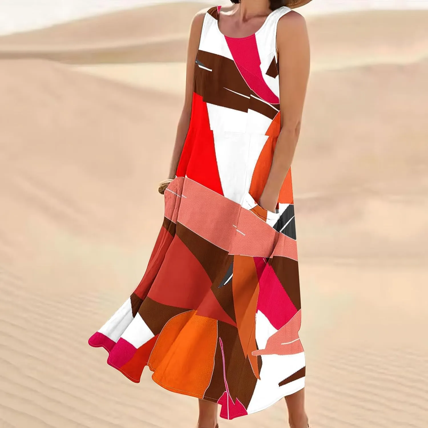 Summer Dresses for Women 2025 Cotton Linen Maxi Tank Dress Fashion Floral Beach Sundresses Spring Boho Outfits with Pockets