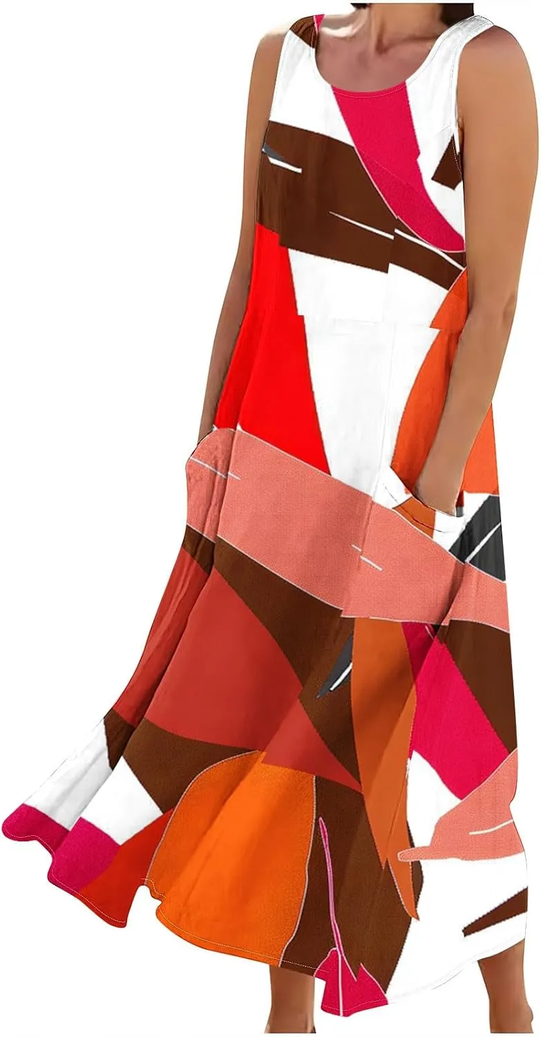 Summer Dresses for Women 2025 Cotton Linen Maxi Tank Dress Fashion Floral Beach Sundresses Spring Boho Outfits with Pockets
