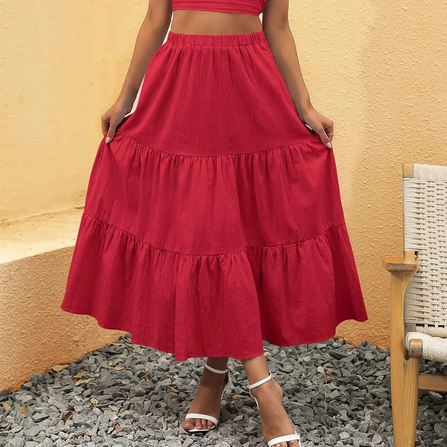 Summer Girls Skirt Ruffle Beach Dress Boho Pleated Swing with Pockets Elastic High Waist Skirts for Women 2023 Robe