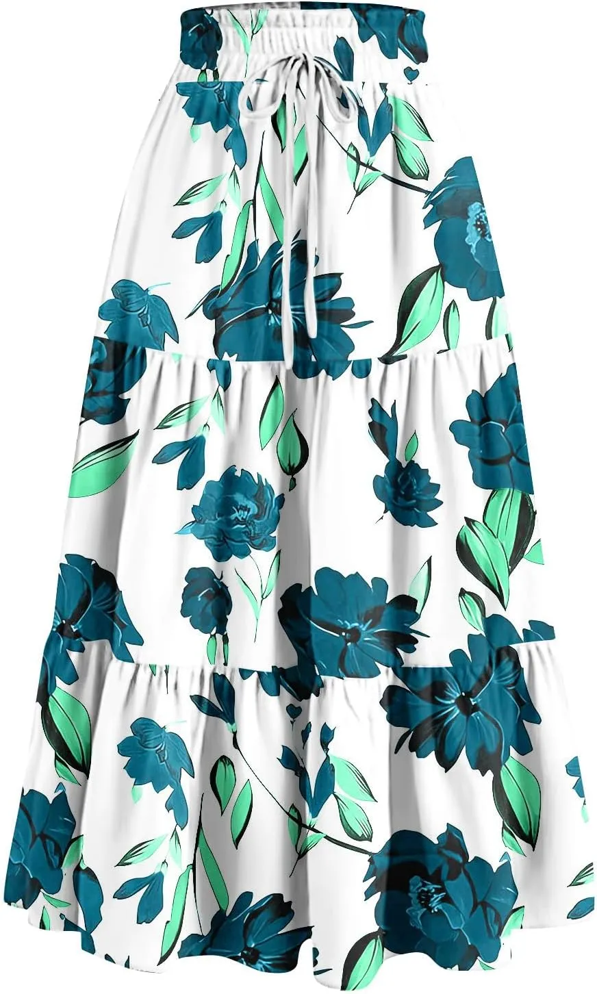 Summer Skirts for Women 2025 Vacation Boho Floral Tiered Skirt Drawstring High Waisted Flowy Ruffle A Line Skirt