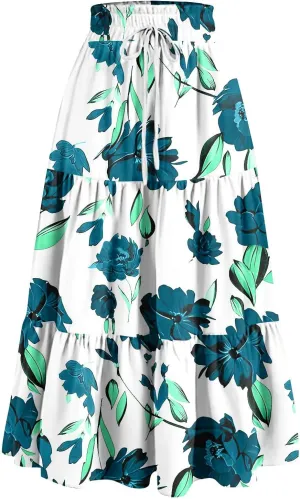 Summer Skirts for Women 2025 Vacation Boho Floral Tiered Skirt Drawstring High Waisted Flowy Ruffle A Line Skirt