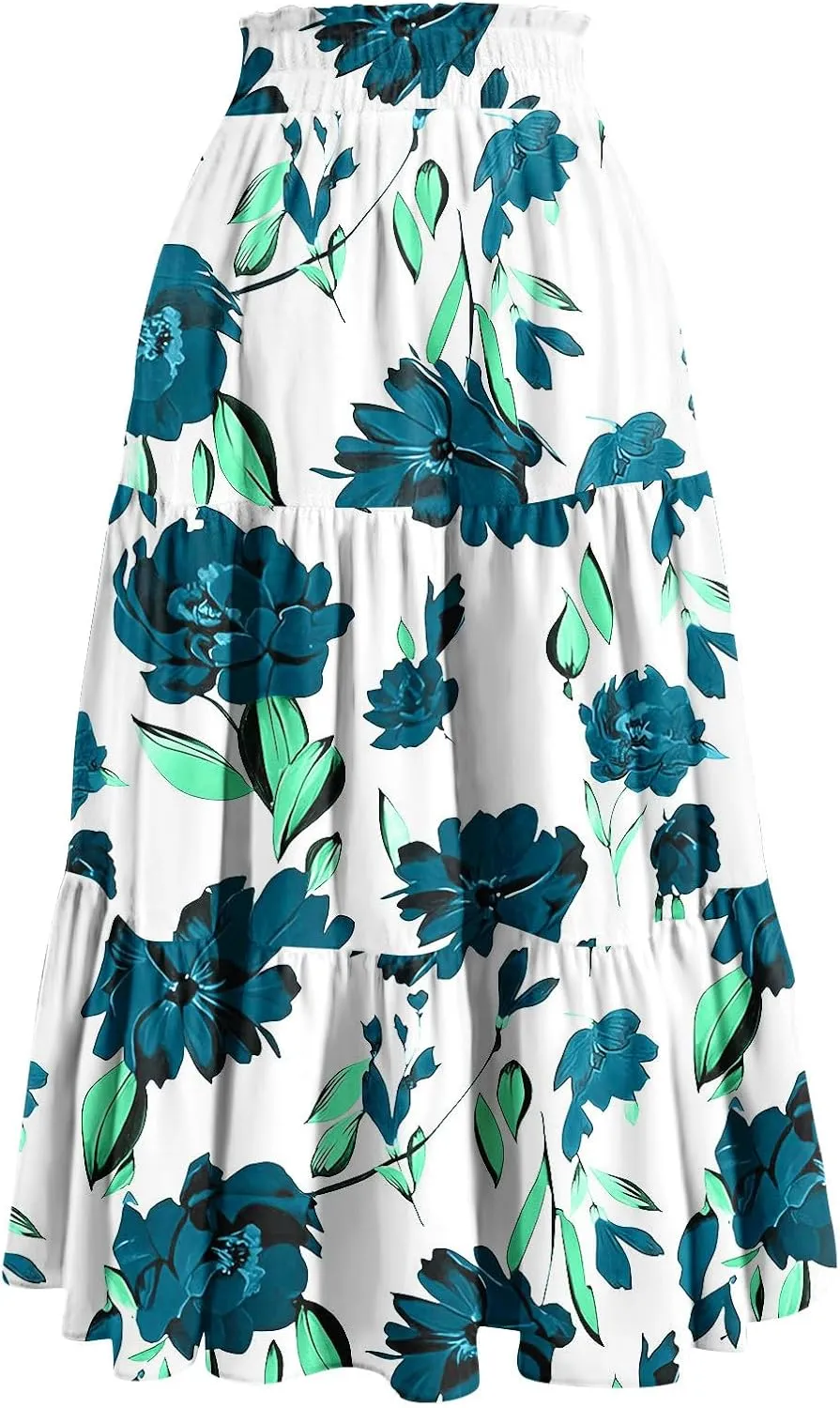 Summer Skirts for Women 2025 Vacation Boho Floral Tiered Skirt Drawstring High Waisted Flowy Ruffle A Line Skirt