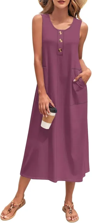 Sun Dresses for Women 2025 Vacation Summer Boho Beach Casual Empire Waist A-Line Midi Flowy Sundresses with Pockets