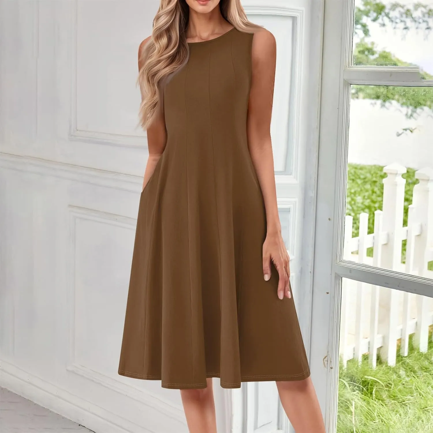 Sundresses for Women Sleeveless Tank Dress Casual Summer Flowy A Line Pleated Midi Dresses Sundress with Pockets