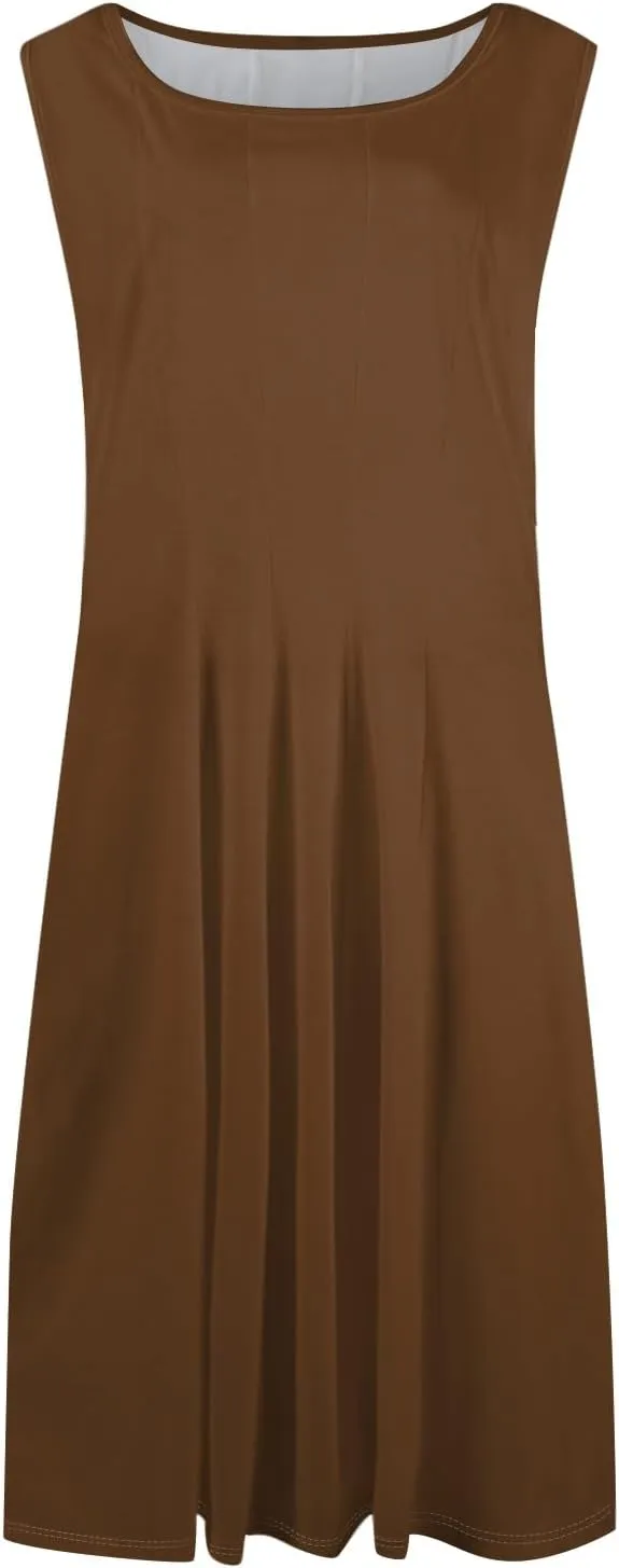 Sundresses for Women Sleeveless Tank Dress Casual Summer Flowy A Line Pleated Midi Dresses Sundress with Pockets