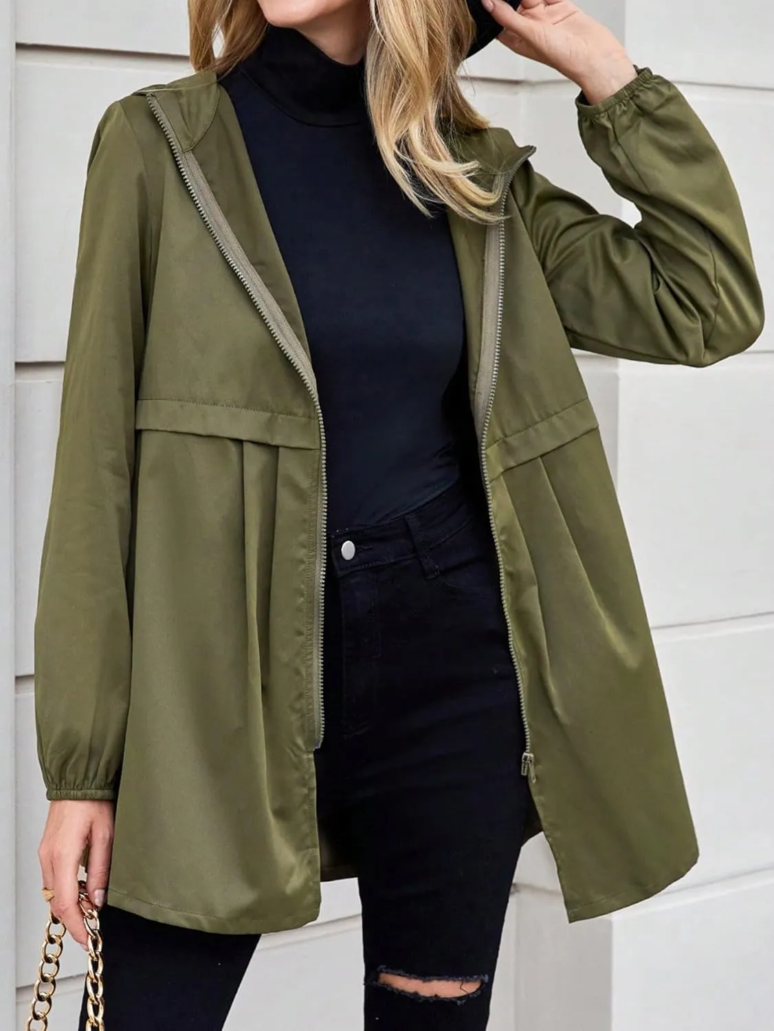 SweatyRocks Women's Ruched Zip Up Long Sleeve Hooded Jacket Solid Lightweight Trench Coat