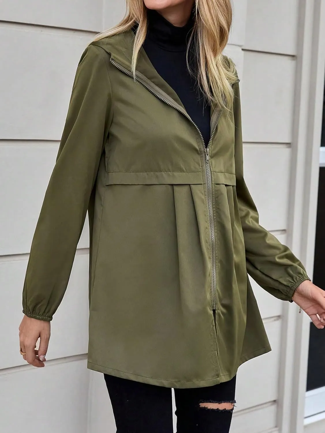 SweatyRocks Women's Ruched Zip Up Long Sleeve Hooded Jacket Solid Lightweight Trench Coat
