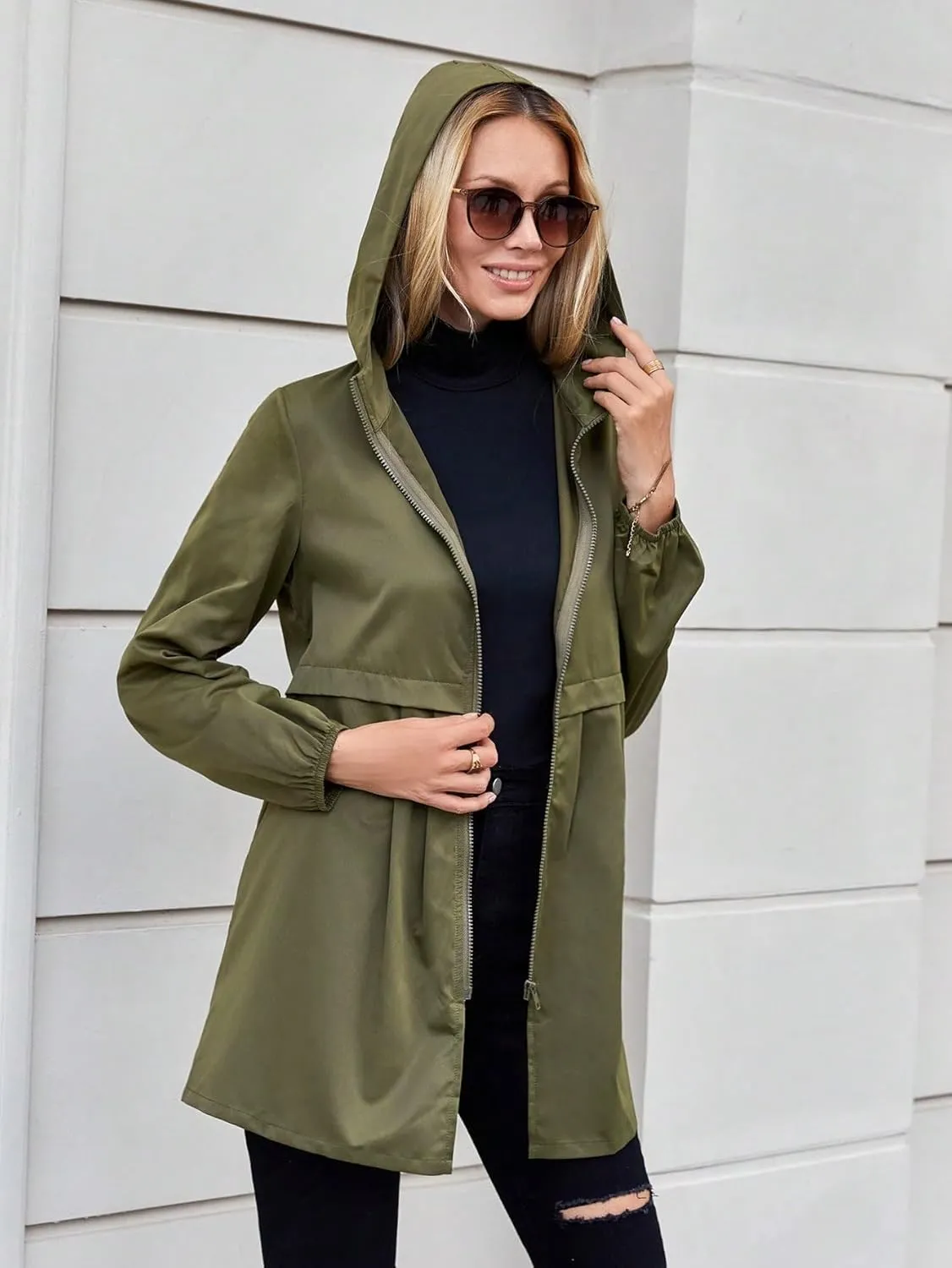 SweatyRocks Women's Ruched Zip Up Long Sleeve Hooded Jacket Solid Lightweight Trench Coat