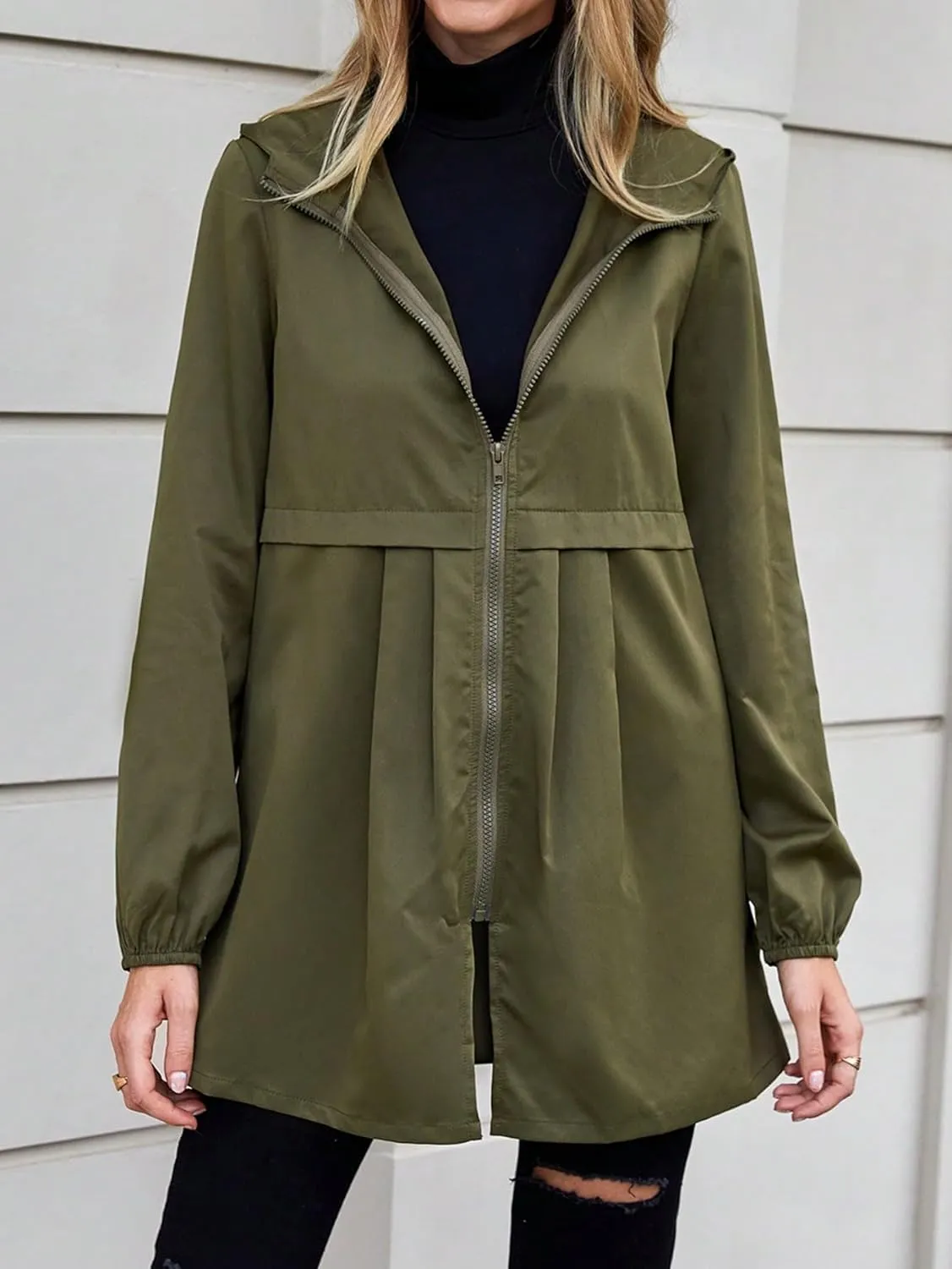 SweatyRocks Women's Ruched Zip Up Long Sleeve Hooded Jacket Solid Lightweight Trench Coat