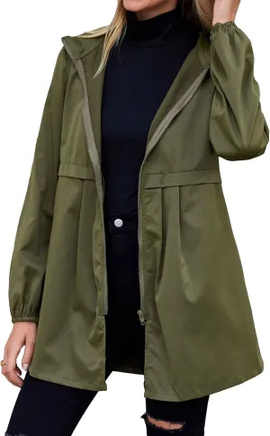 SweatyRocks Women's Ruched Zip Up Long Sleeve Hooded Jacket Solid Lightweight Trench Coat