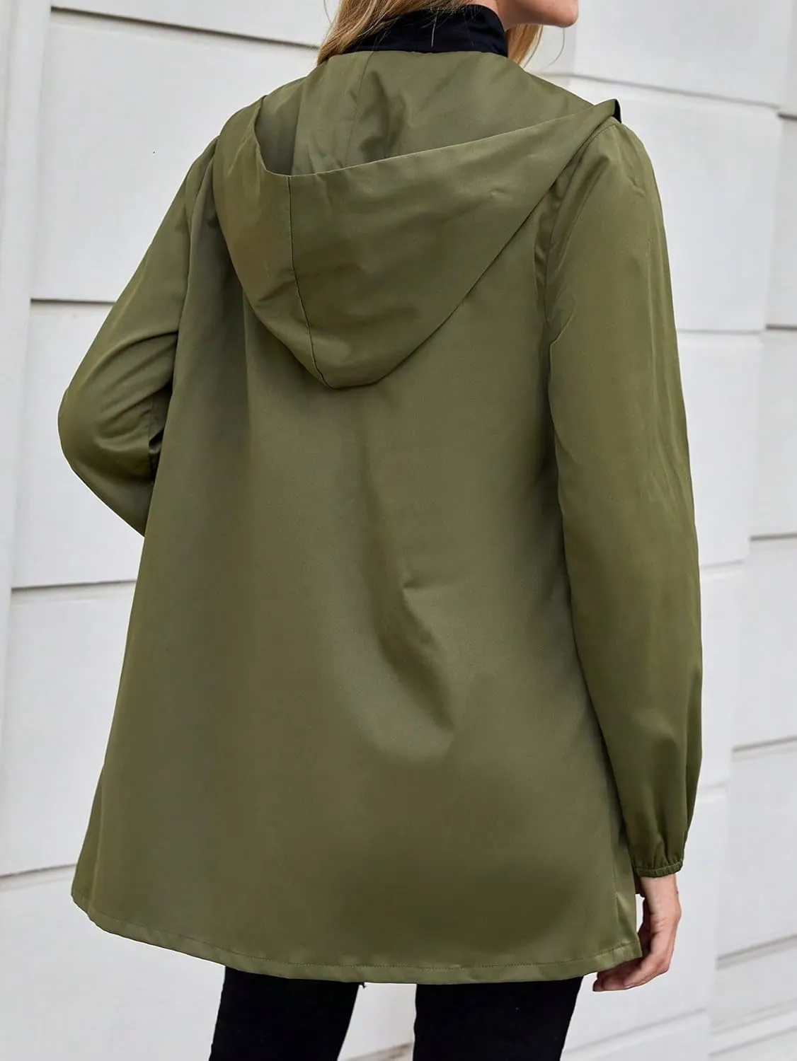 SweatyRocks Women's Ruched Zip Up Long Sleeve Hooded Jacket Solid Lightweight Trench Coat
