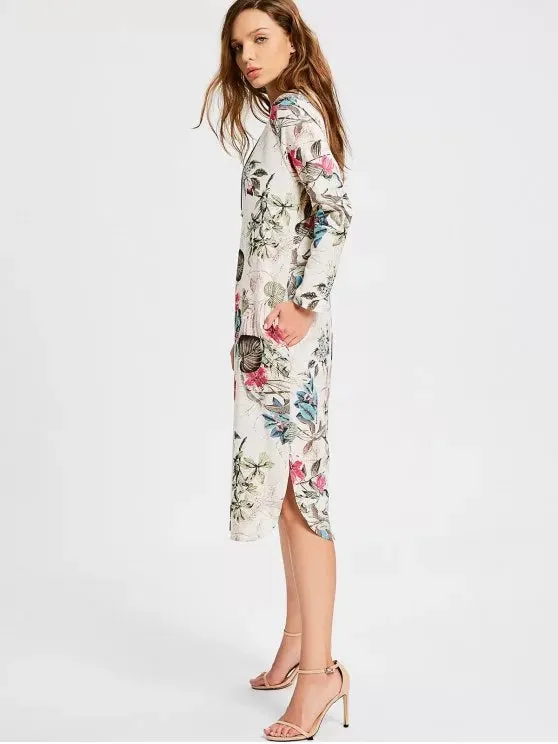 TastyHottie - Trendy Floral Print Long Sleeve Slit Dress
