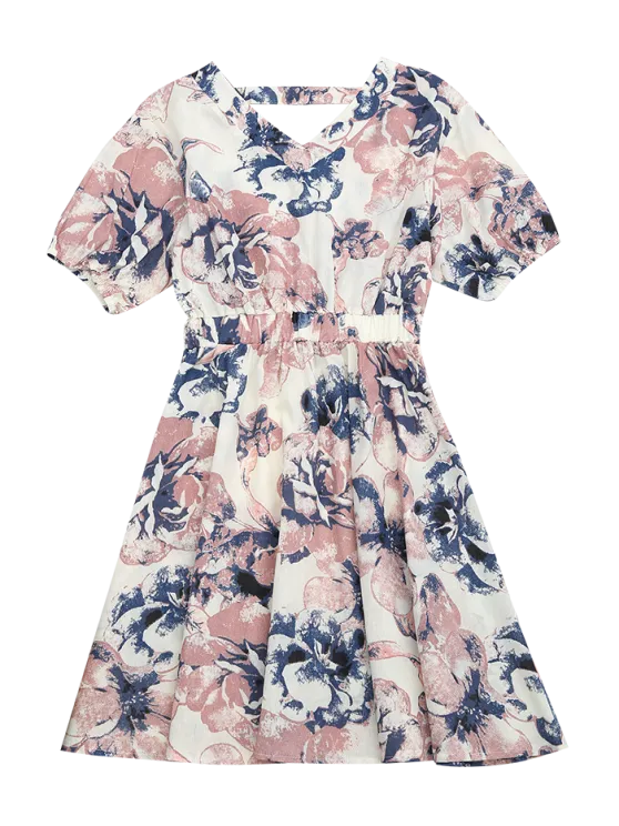 TastyHottie - Trendy Puff Sleeve Floral Print Cut Out Dress