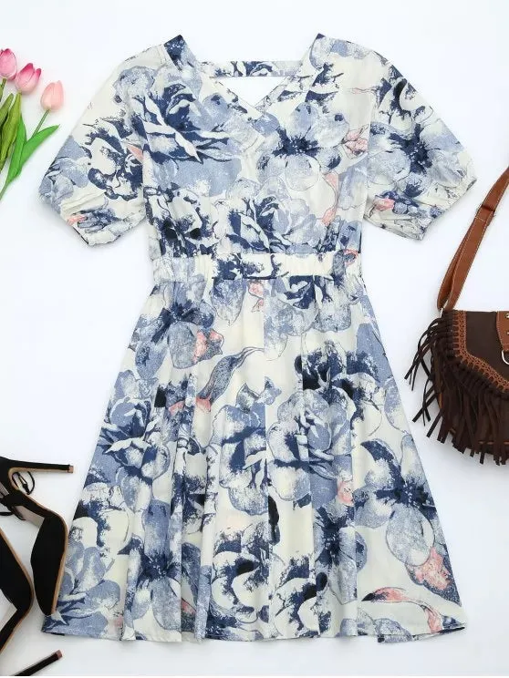 TastyHottie - Trendy Puff Sleeve Floral Print Cut Out Dress