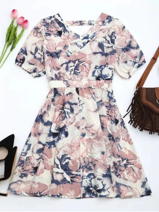 TastyHottie - Trendy Puff Sleeve Floral Print Cut Out Dress
