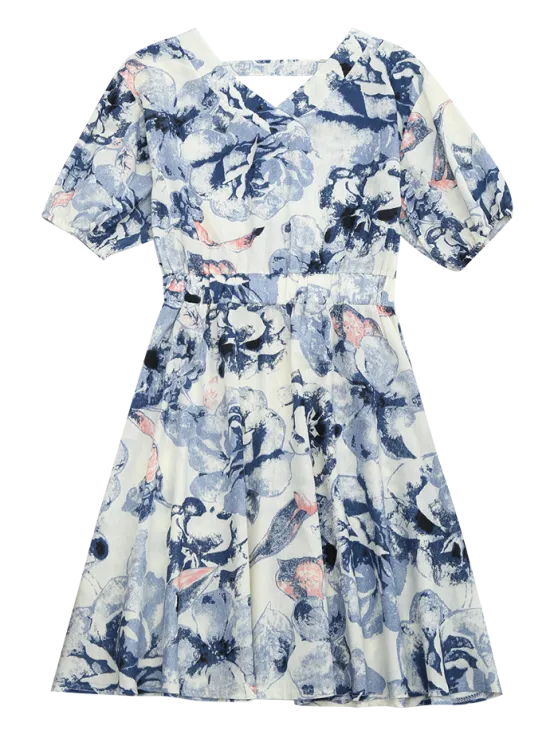 TastyHottie - Trendy Puff Sleeve Floral Print Cut Out Dress