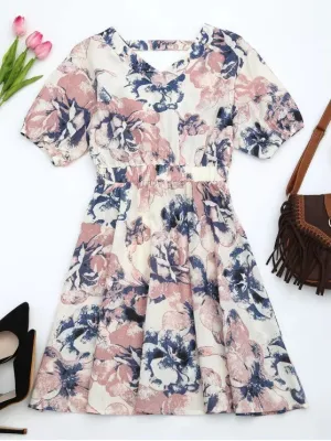 TastyHottie - Trendy Puff Sleeve Floral Print Cut Out Dress