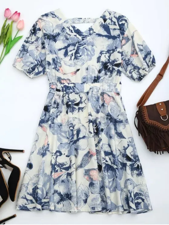 TastyHottie - Trendy Puff Sleeve Floral Print Cut Out Dress