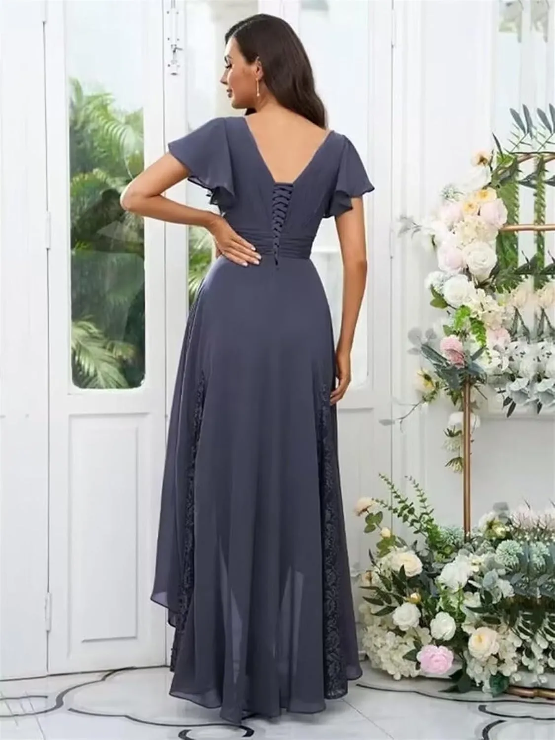 Tea Length Mother of The Bride Dresses for Wedding Chiffon Lace High Low V-Neck Evening Dresses for Women Elegant Classy
