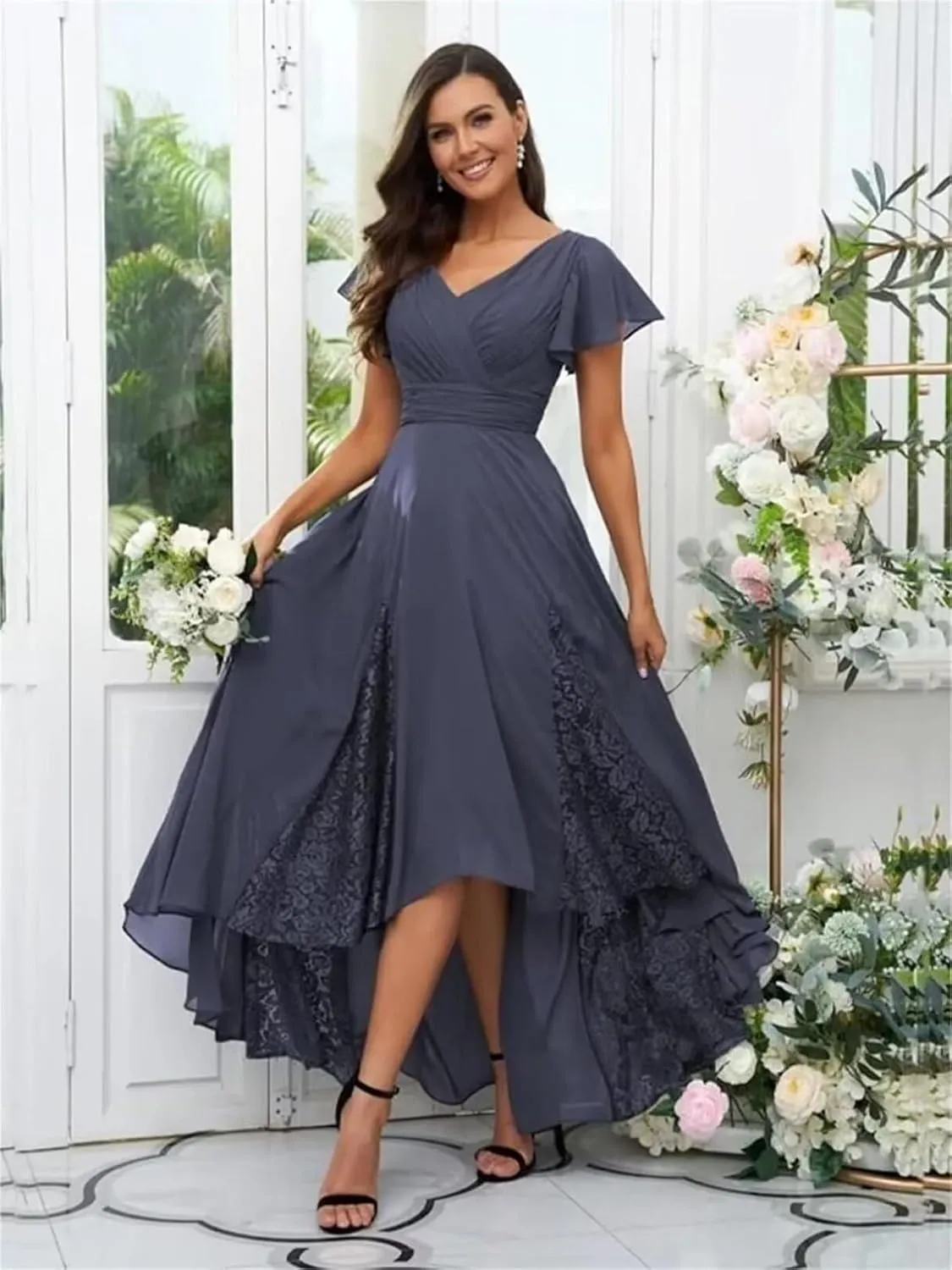 Tea Length Mother of The Bride Dresses for Wedding Chiffon Lace High Low V-Neck Evening Dresses for Women Elegant Classy