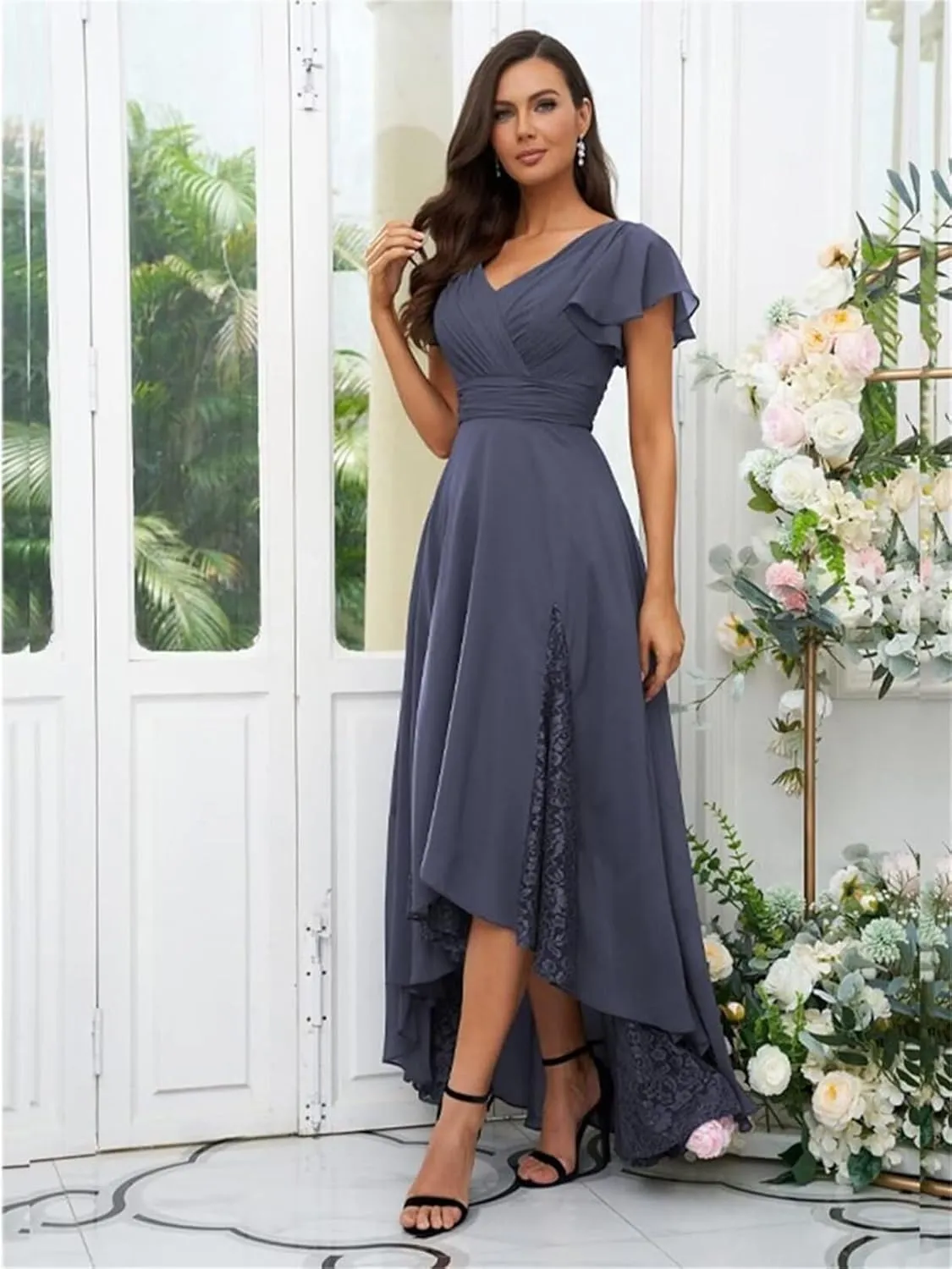 Tea Length Mother of The Bride Dresses for Wedding Chiffon Lace High Low V-Neck Evening Dresses for Women Elegant Classy